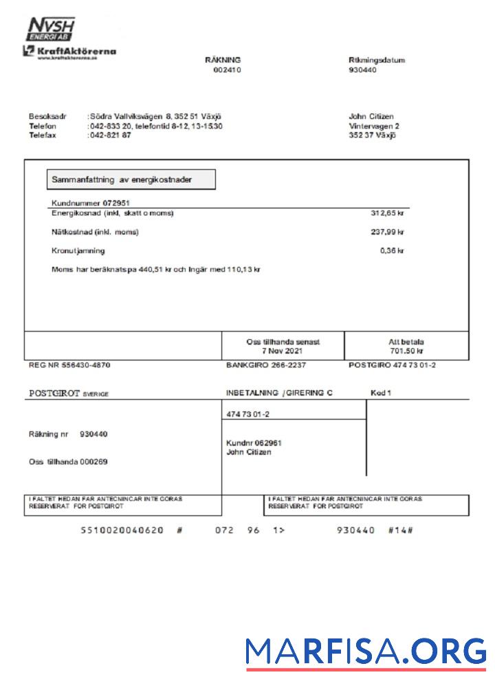 Downloadable Sweden NVSH Energi utility bill template in Word and PDF format